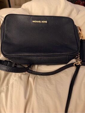 Michael Kors Navy Pebbled Leather Crossbody with Gold Hardware